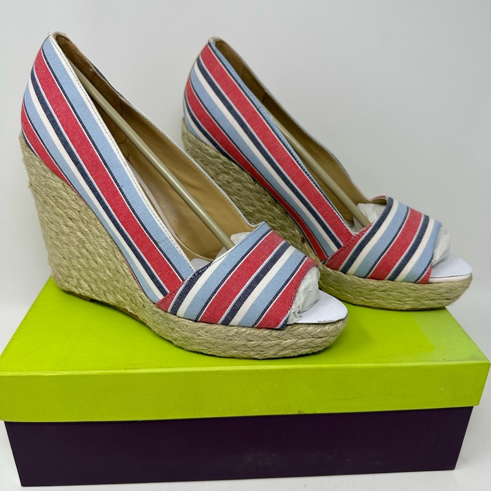Paco Gil Multi Color Canvas STRIPE Peep-toe Espadrille Wedge NEW In Box Sz 8M